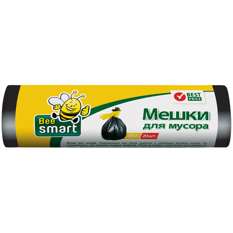 Мешки для мусора  30л BeeSmart ПНД, 47*57см, 5мкм, 20шт., черные, в рулоне