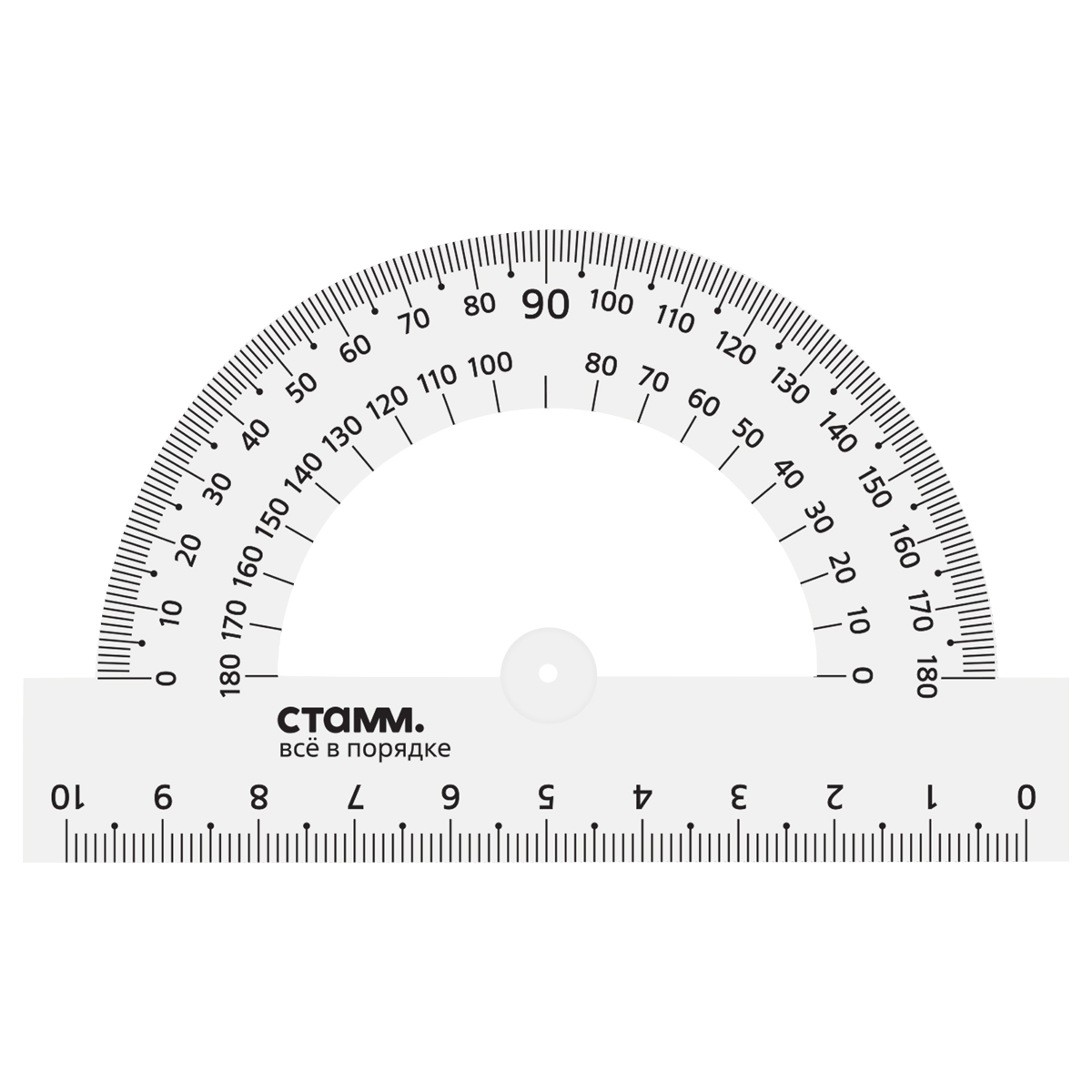 Транспортир 10см, 180° СТАММ, пластиковый, прозрачный, бесцветный