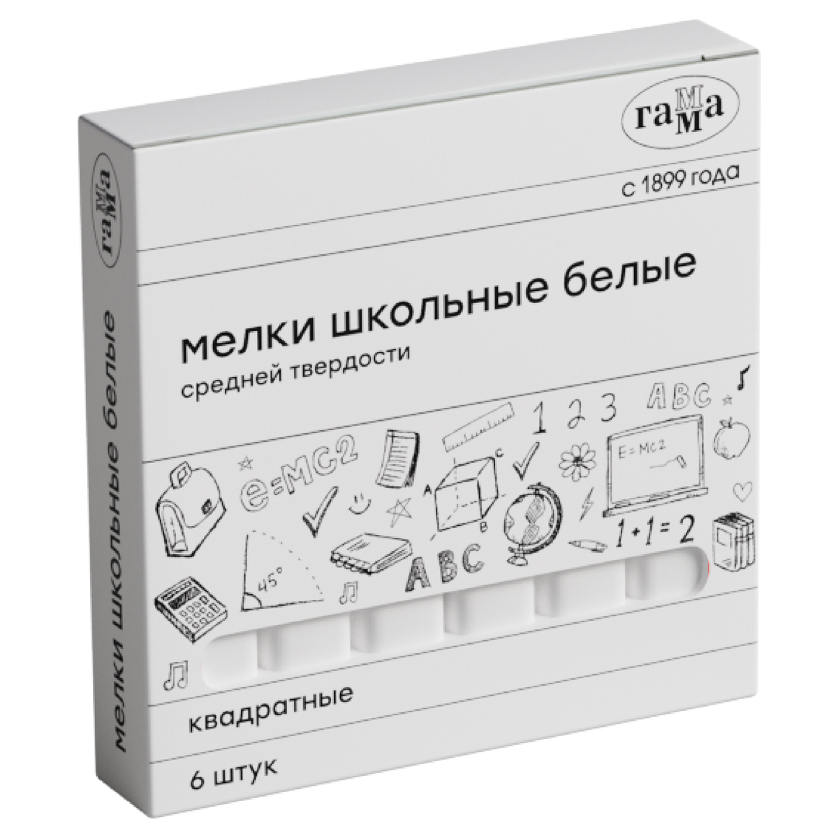 Мелки школьные Гамма, белые, 06шт., средней твердости, квадратные, картонная коробка