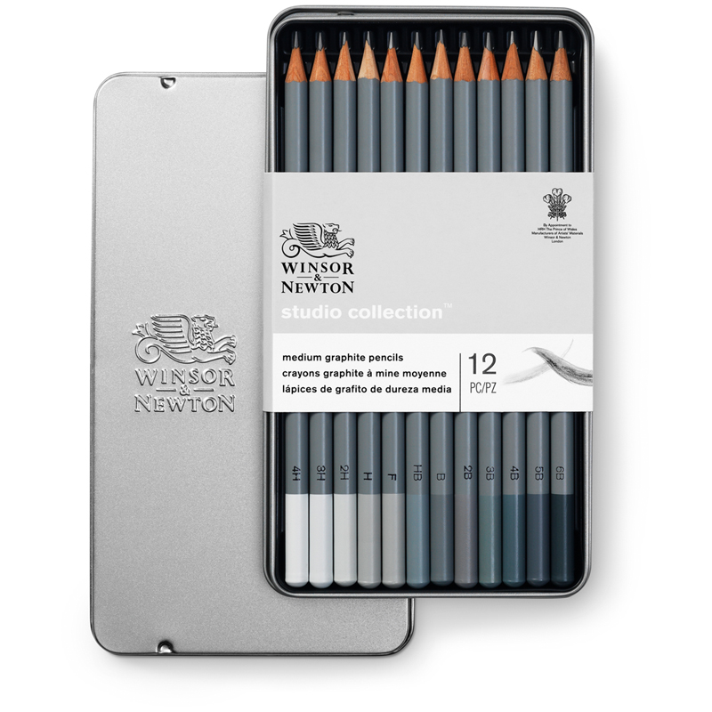 Набор чернографитных карандашей Winsor&Newton, 12шт., (HB, B-6B, F, H-4H), в метал. пенале