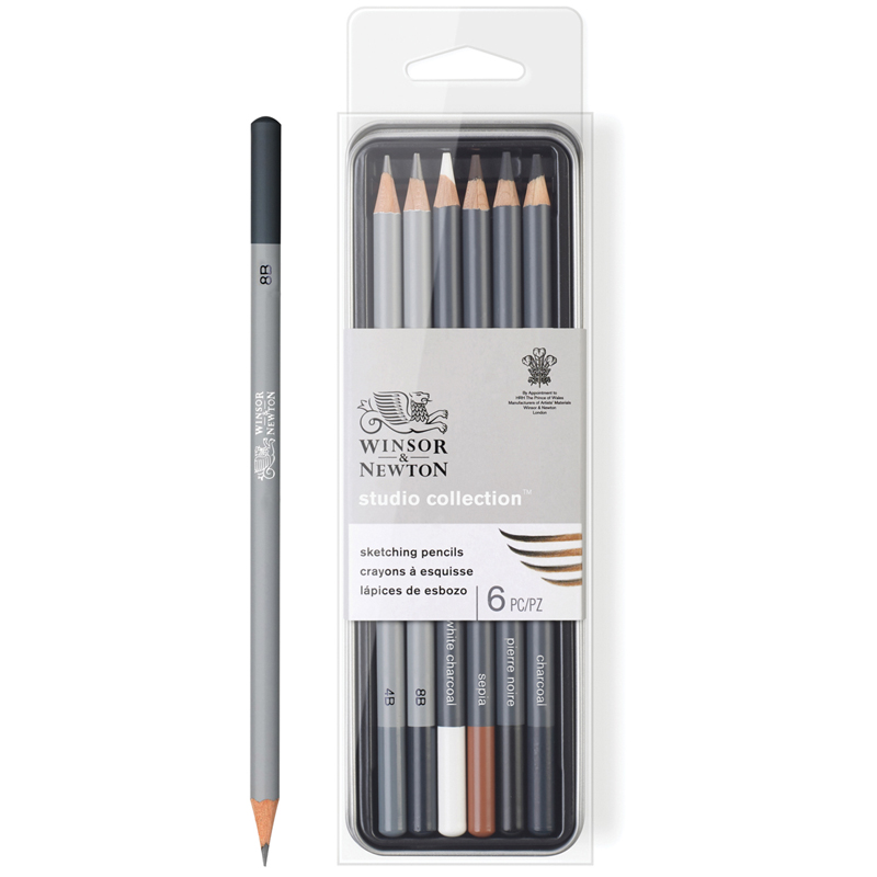 Набор чернографитных карандашей Winsor&Newton, (4В, 8В, белый мел, угольный, черный), в метал. пенале