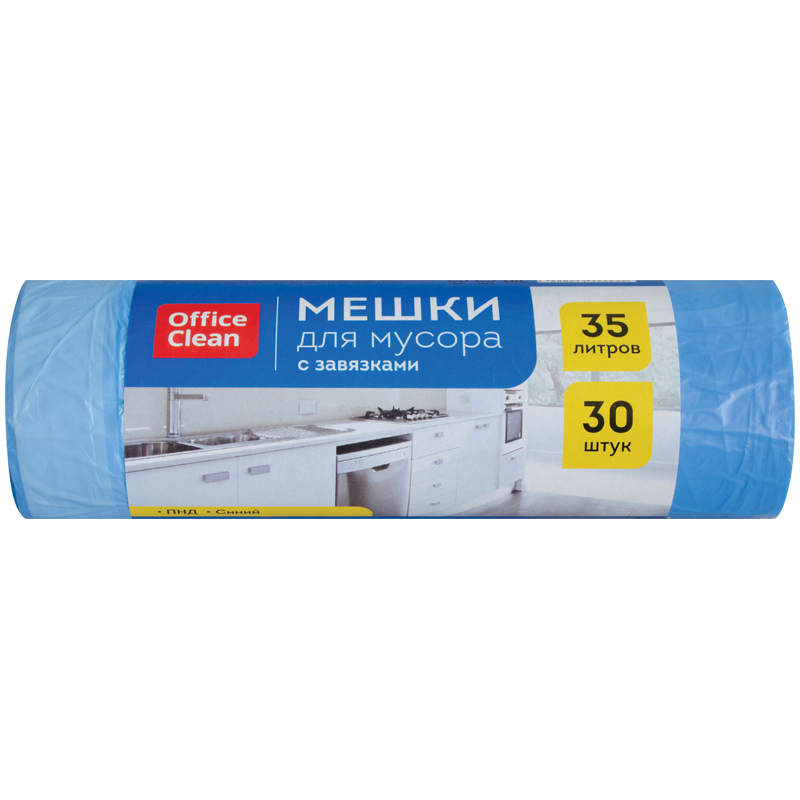 купить Мешки для мусора  35л OfficeClean ПНД, 48*52см, 13мкм, 30шт., прочные, синие, в рулоне, с завязками в Тамбове