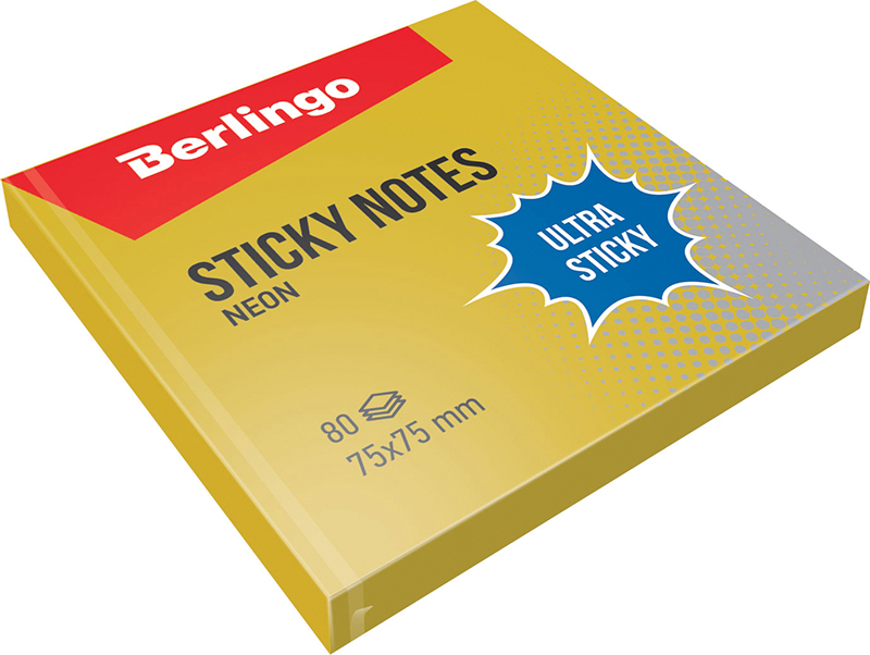 Самоклеящийся блок Berlingo "Ultra Sticky", 75*75мм, 80л., золотой неон