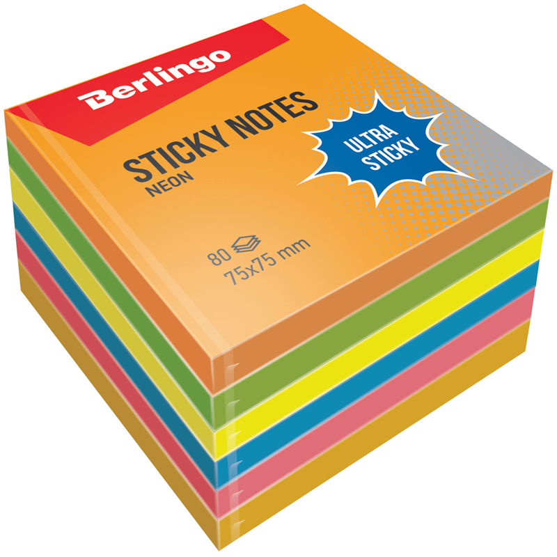 Самоклеящийся блок Berlingo "Ultra Sticky", 75*75мм, 6*80л., 6 неоновых цветов