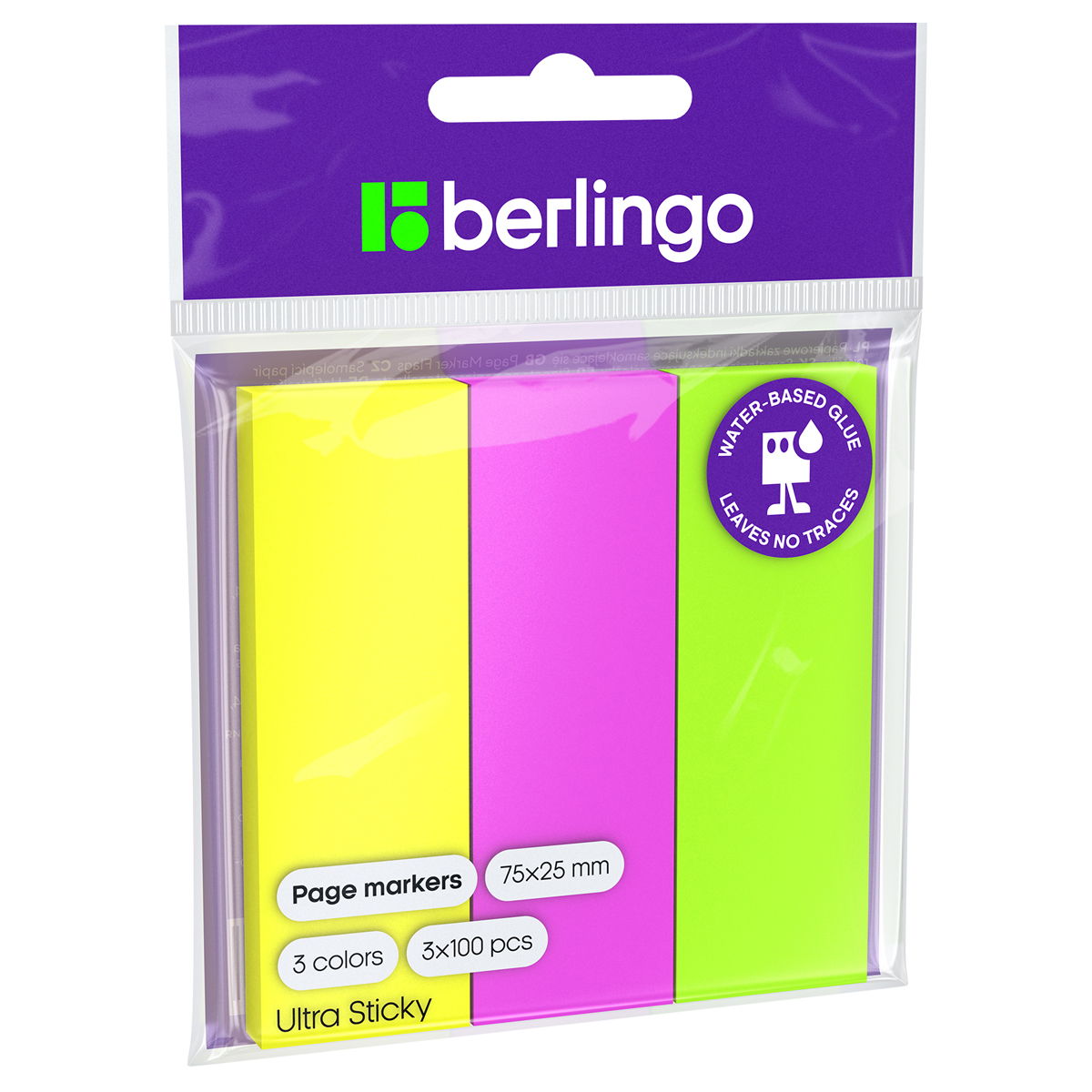 Флажки-закладки Berlingo "Ultra Sticky", 25*75мм, 100л*3 неоновых цвета, европодвес