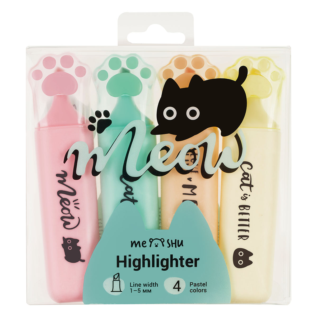 Набор текстовыделителей MESHU "Live, Life, Meow", 04цв., пастельные цвета, 1-5 мм, ПВХ бокс с европодвесом Набор текстовыделителей MESHU "Live, Life, Meow", 04цв., пастельные цвета, 1-5 мм, ПВХ бокс с европодвесом