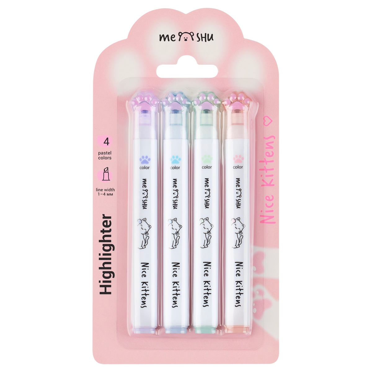 Набор текстовыделителей MESHU "Nice Kittens", 04цв., пастельные цвета, 1-4мм, блистер с европодвесом Набор текстовыделителей MESHU "Nice Kittens", 04цв., пастельные цвета, 1-4мм, блистер с европодвесом