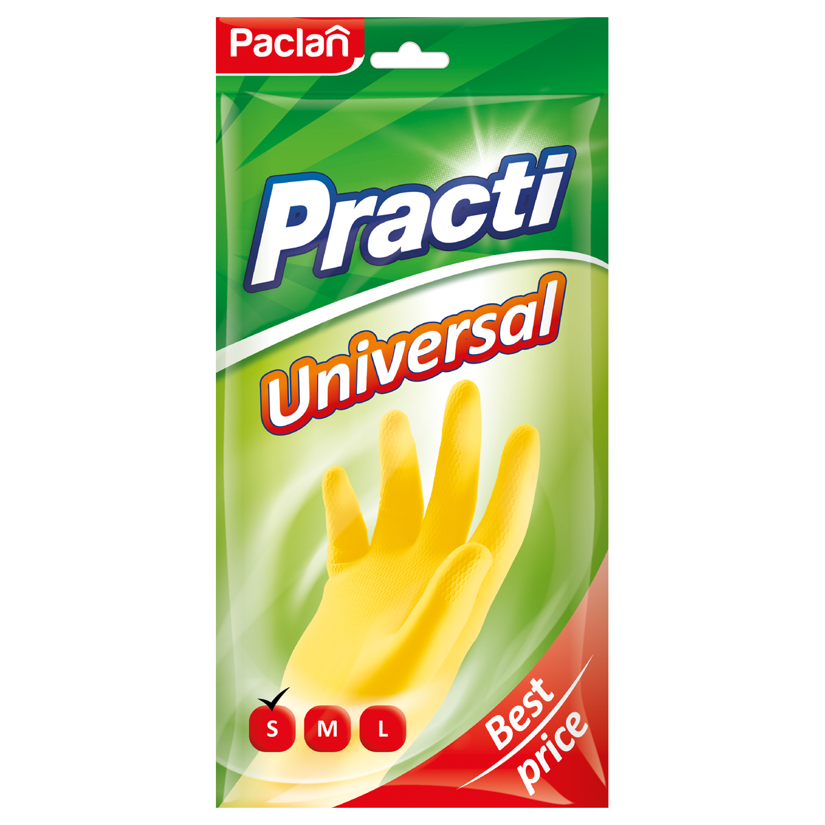 Перчатки резиновые хозяйственные Paclan "Practi. Universal", разм. S, х/б напыление, желтые, пакет с европодвесом