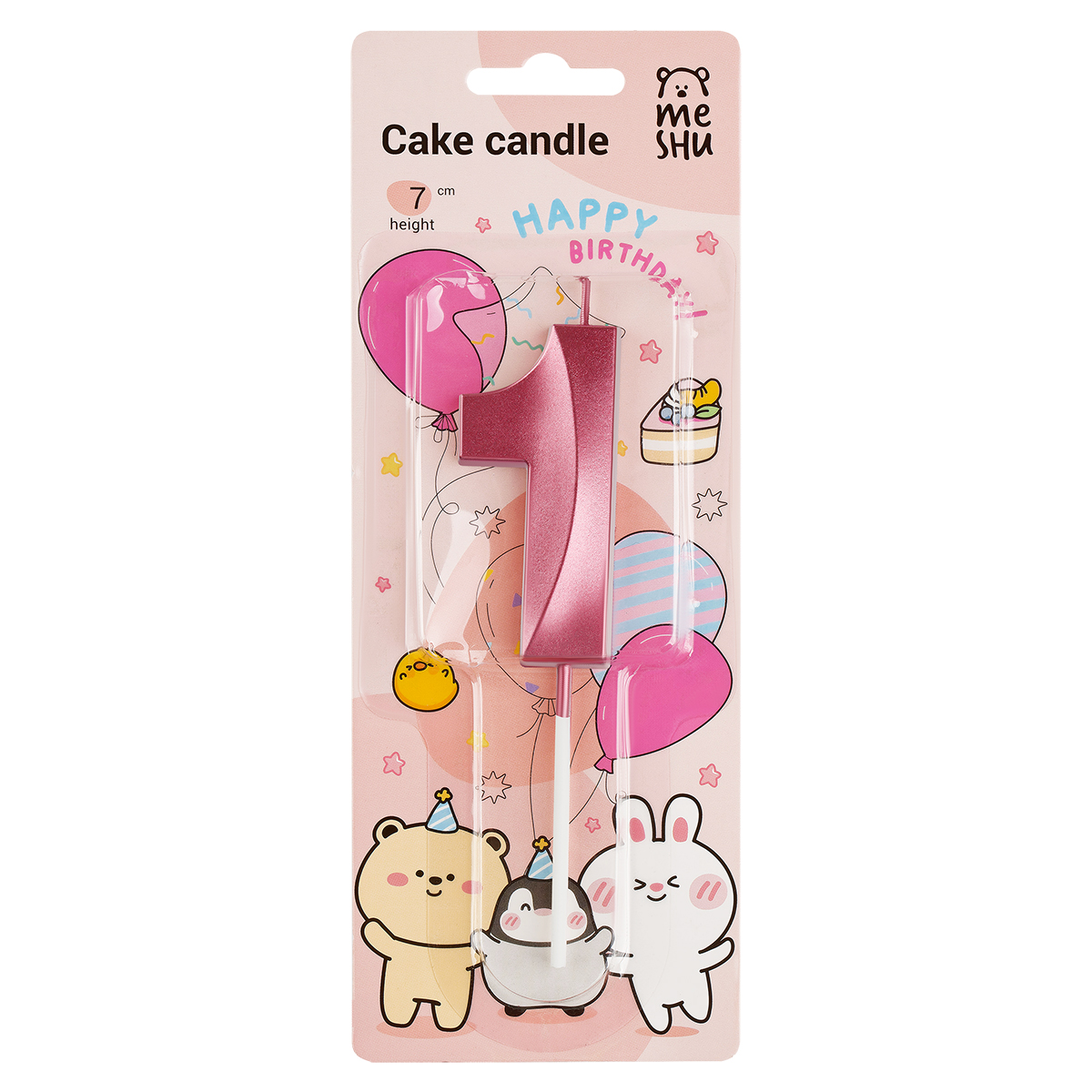 Свеча для торта с держателем MESHU "Цифра "1", 7см, розовая, блистер