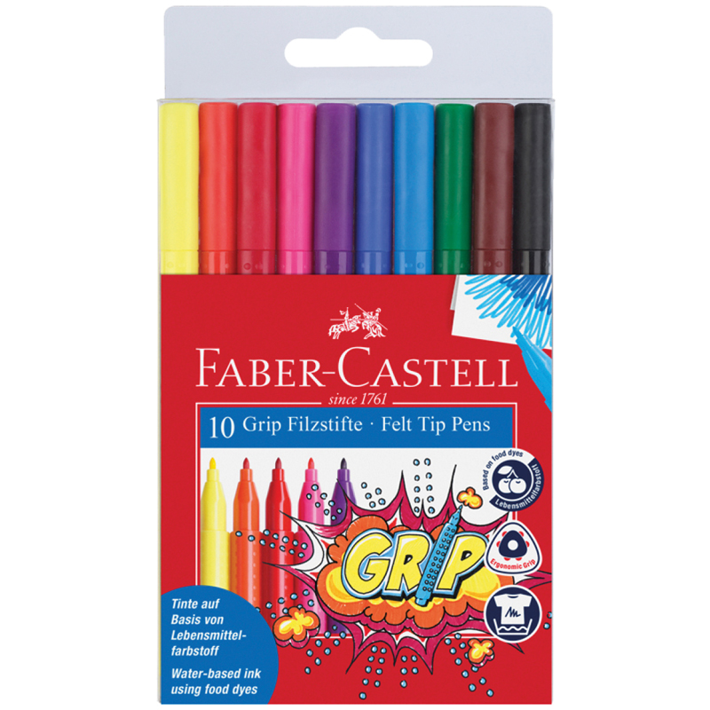 Фломастеры Faber-Castell "Grip", 10цв., трехгранные, смываемые, пластик. уп., европодвес