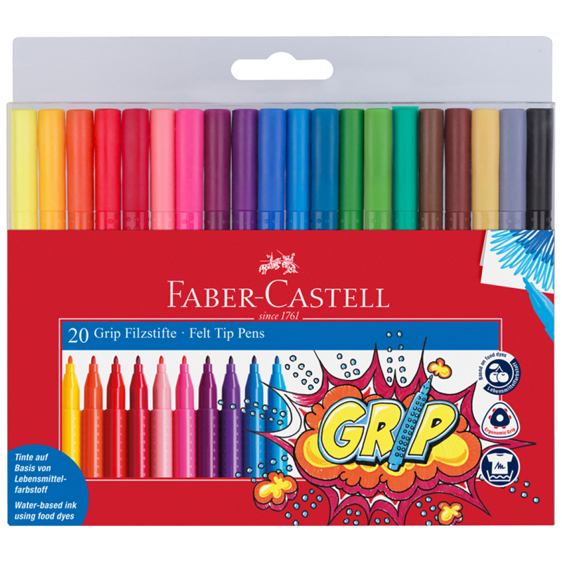 Фломастеры Faber-Castell "Grip", 20цв., трехгранные, смываемые, пластик. уп., европодвес