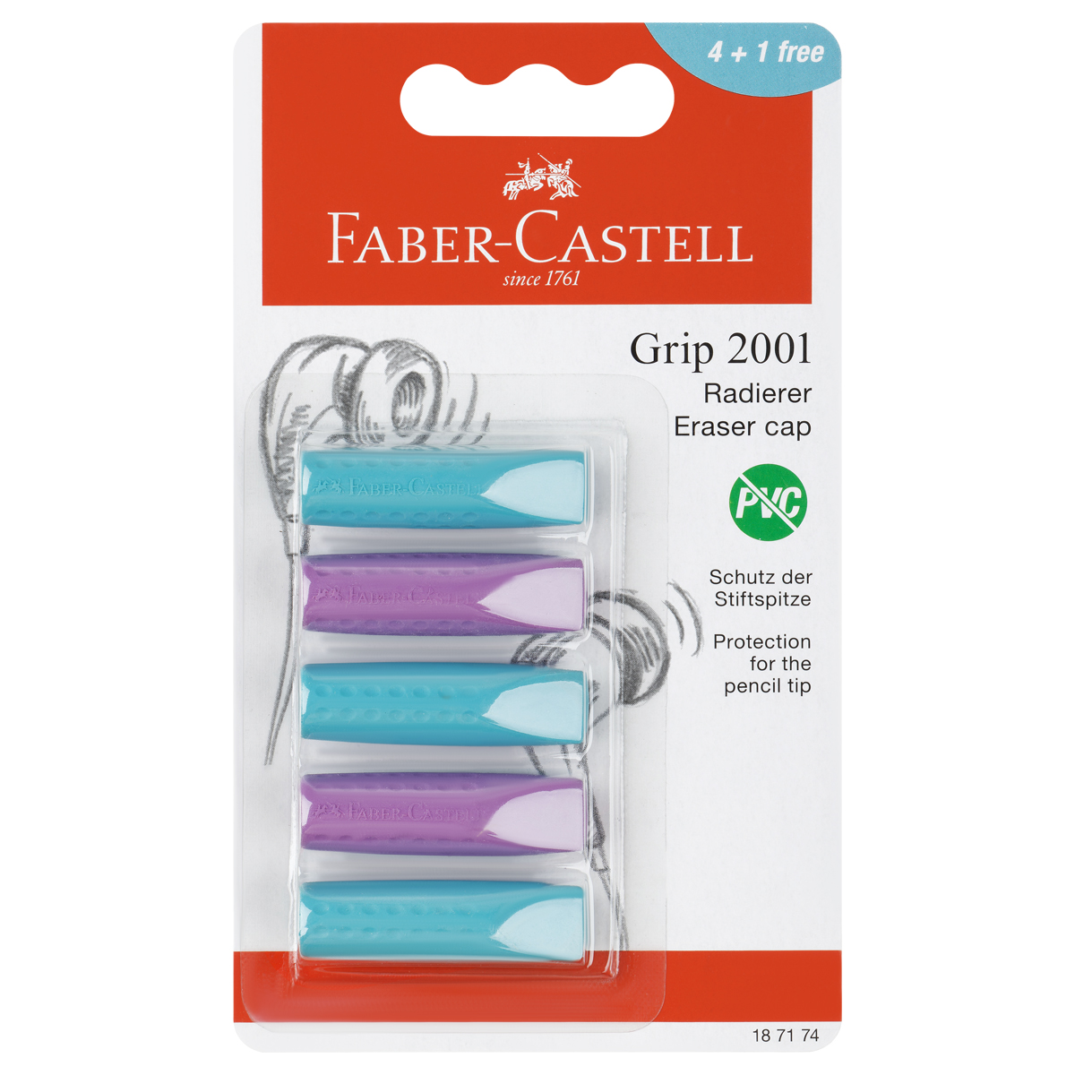 купить Набор ластиков-колпачков Faber-Castell "Grip 2001" 5шт., трехгранные, бирюза-сирень, 90*15*15мм, блистер в Тамбове