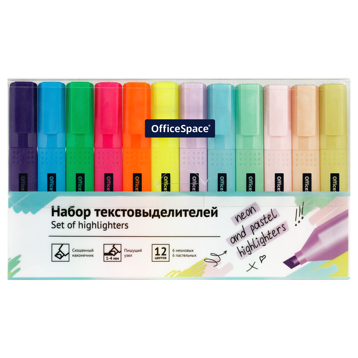 Набор текстовыделителей OfficeSpace 12цв., 6цв. пастельные, 6цв. неоновые, 1-4мм, ПВХ-бокс