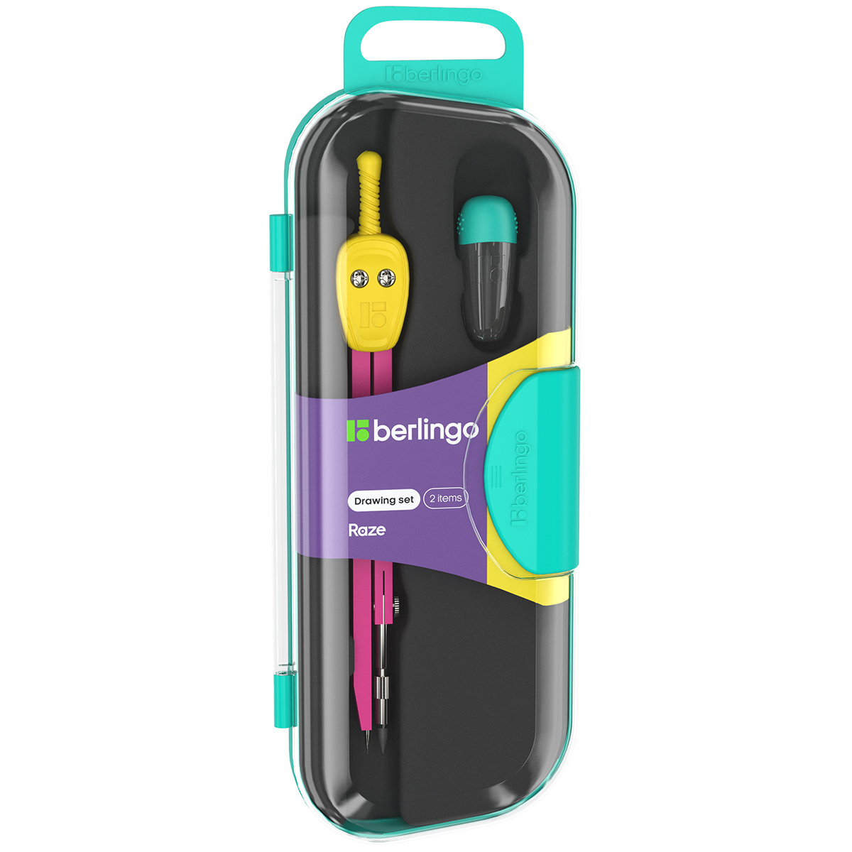 Готовальня Berlingo "Raze", 2 предмета, циркуль 135мм, желтый, пластиковый футляр