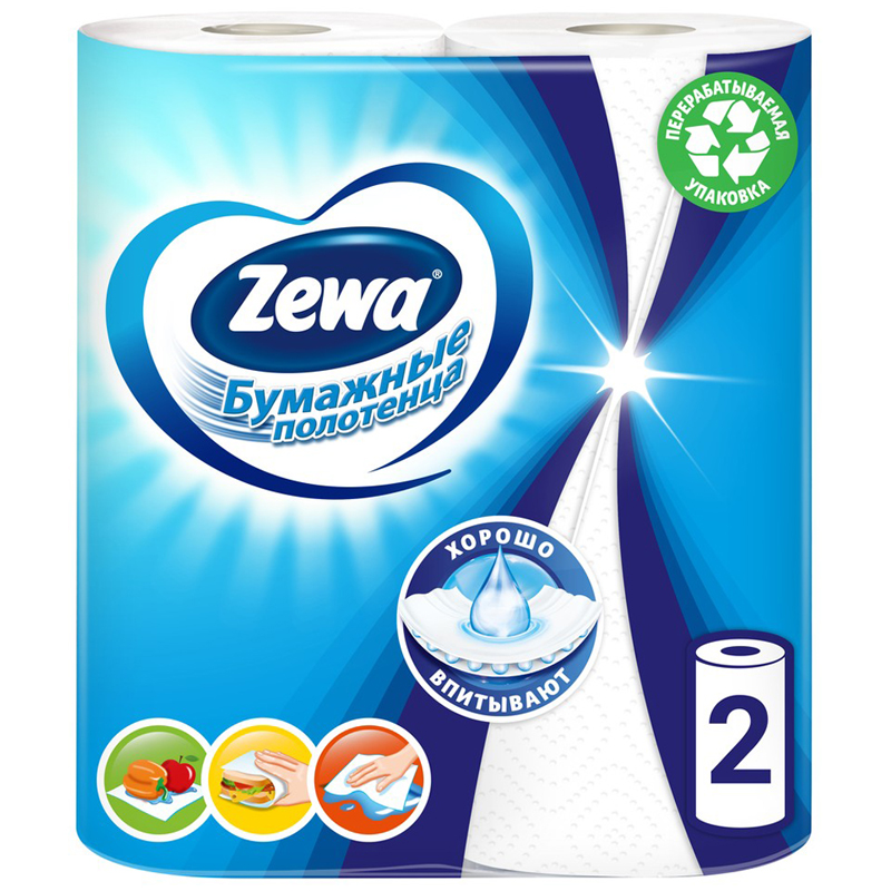 Полотенца бумажные в рулонах Zewa, 2-слойные, 15м/рул., тиснение, белые, 2шт.