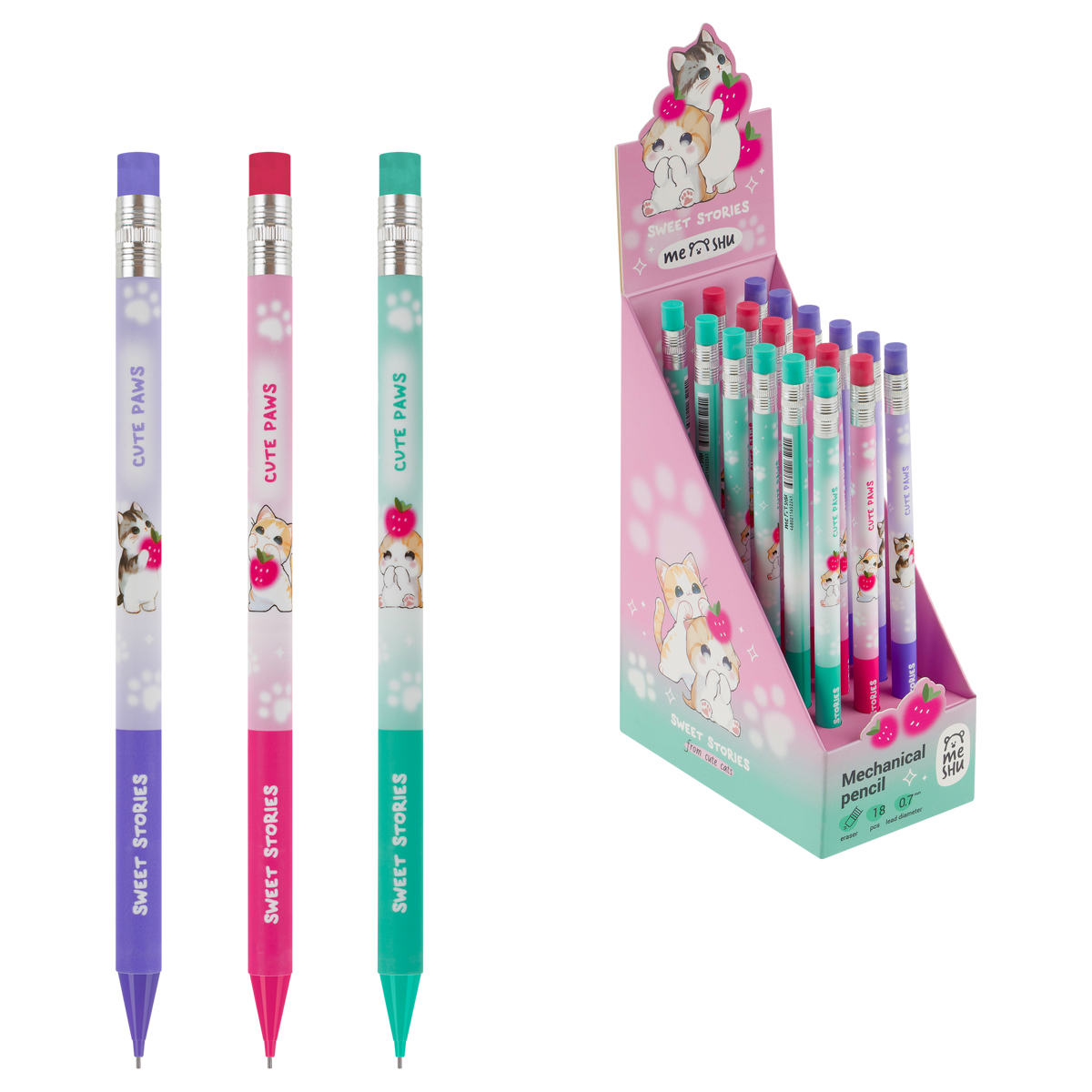 Карандаш механический MESHU "Nice kittens", печать на корпусе, с ластиком, 0,7мм, ассорти