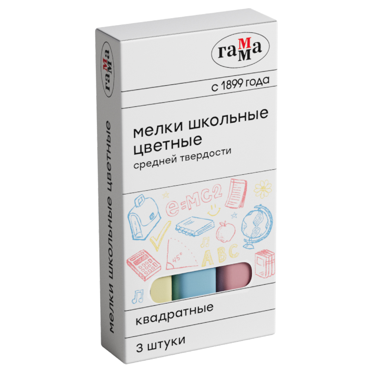 Мелки школьные цветные Гамма, 3шт., средней твердости, квадратные, картонная коробка