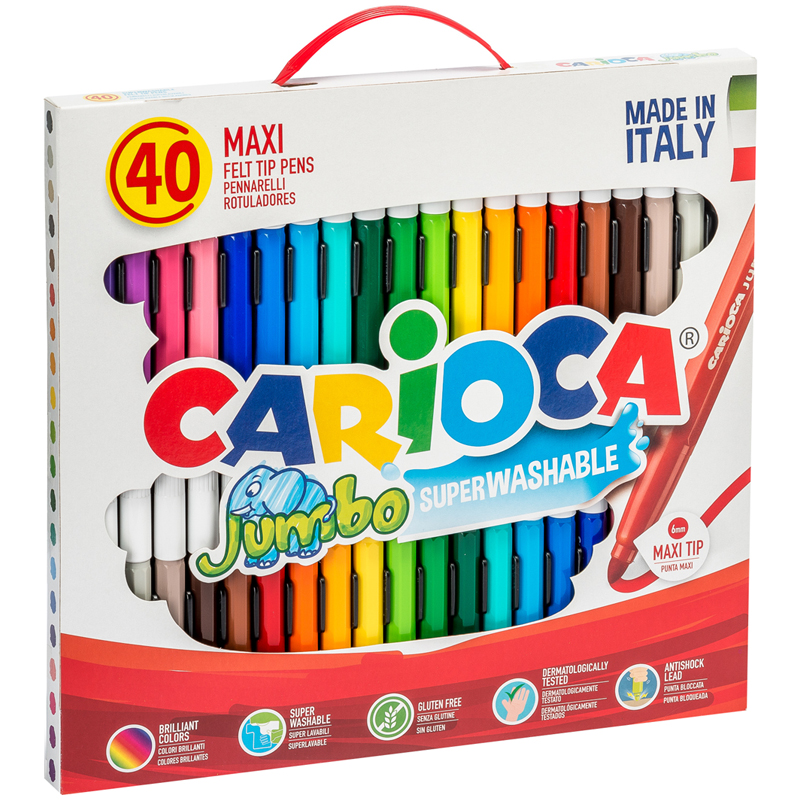 Фломастеры Carioca "Jumbo", 40шт., 24цв., утолщенные, смываемые, картон, с ручкой