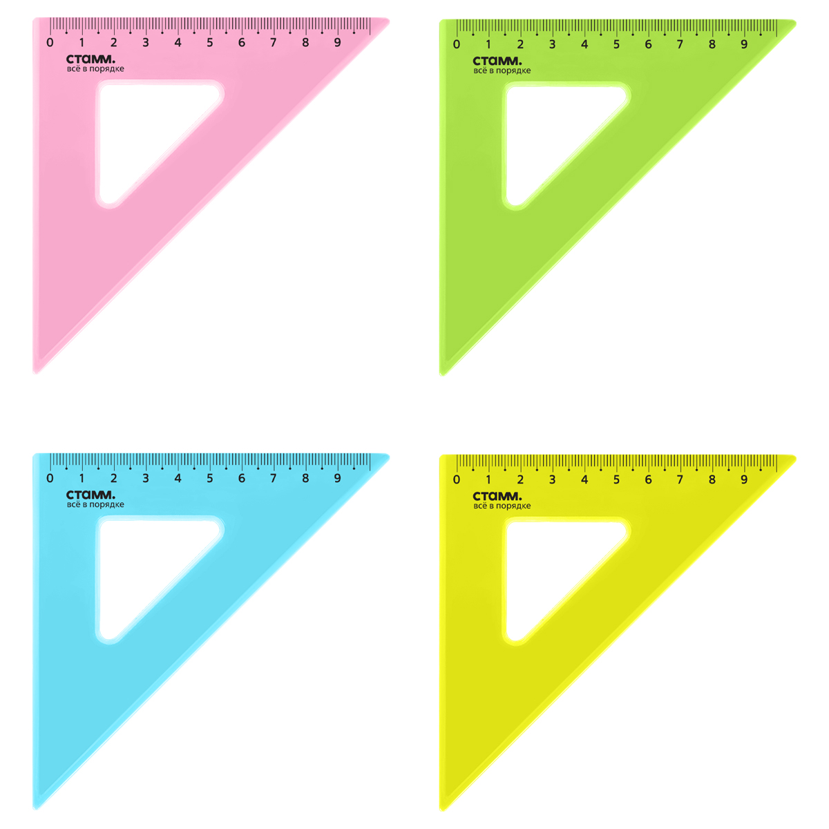 Треугольник 45°, 9см СТАММ, пластиковый, прозрачный, неоновые цвета, ассорти