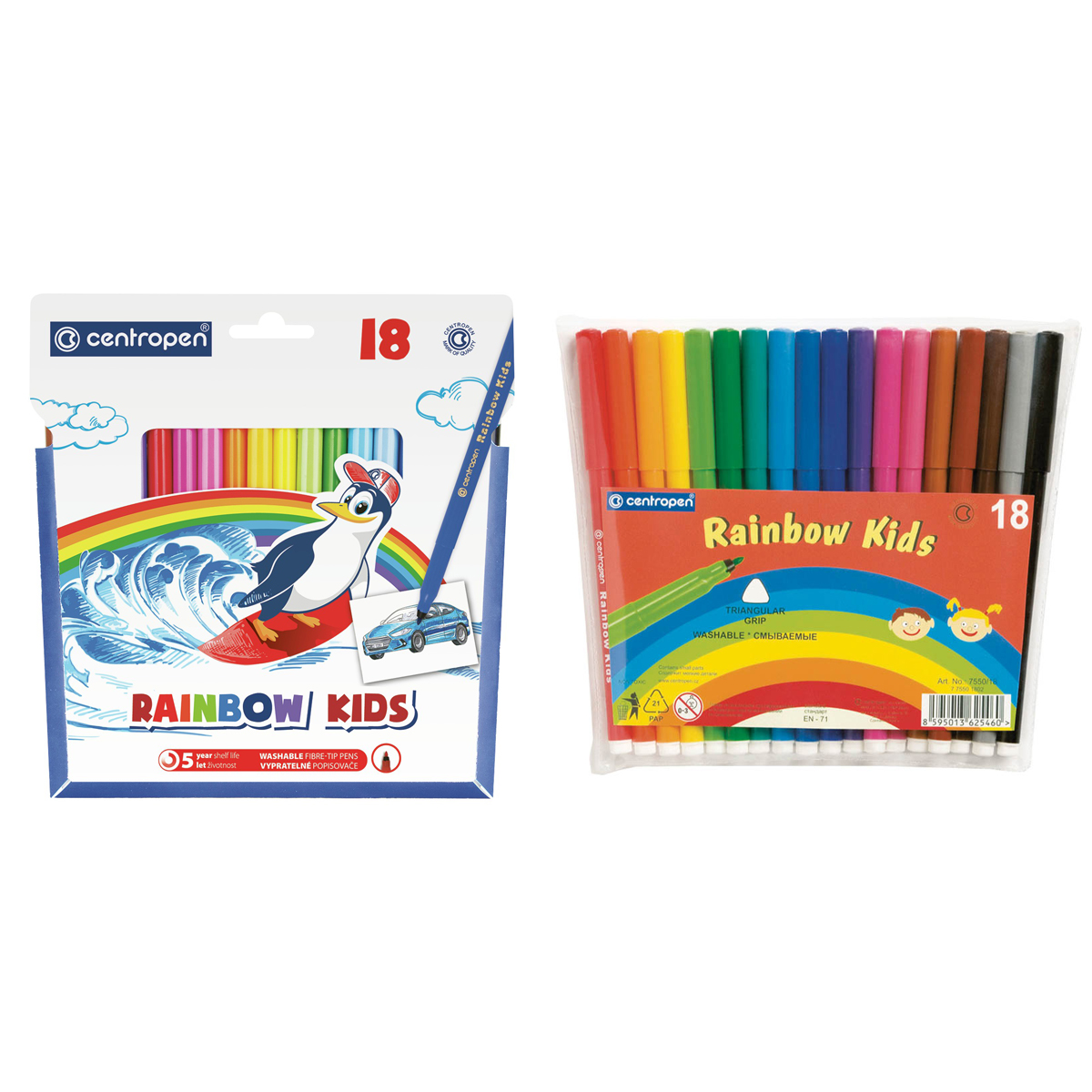 Фломастеры Centropen "Rainbow Kids", 18цв., трехгранные, смываемые, ПВХ