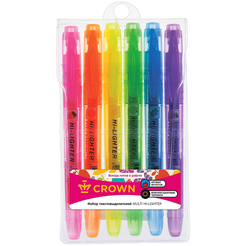 Набор текстовыделителей Crown "Multi Hi-Lighter Aroma" 06цв., 1-4мм, ароматиз., чехол с европодвесом