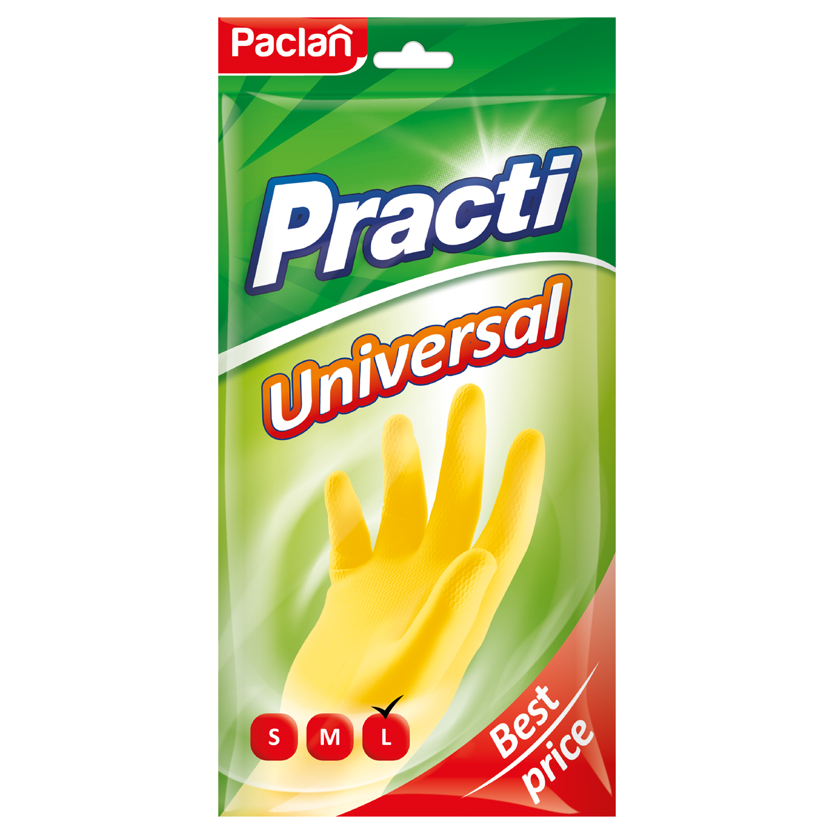 Перчатки резиновые хозяйственные Paclan "Practi. Universal", разм. L, х/б напыление, желтые, пакет с европодвесом