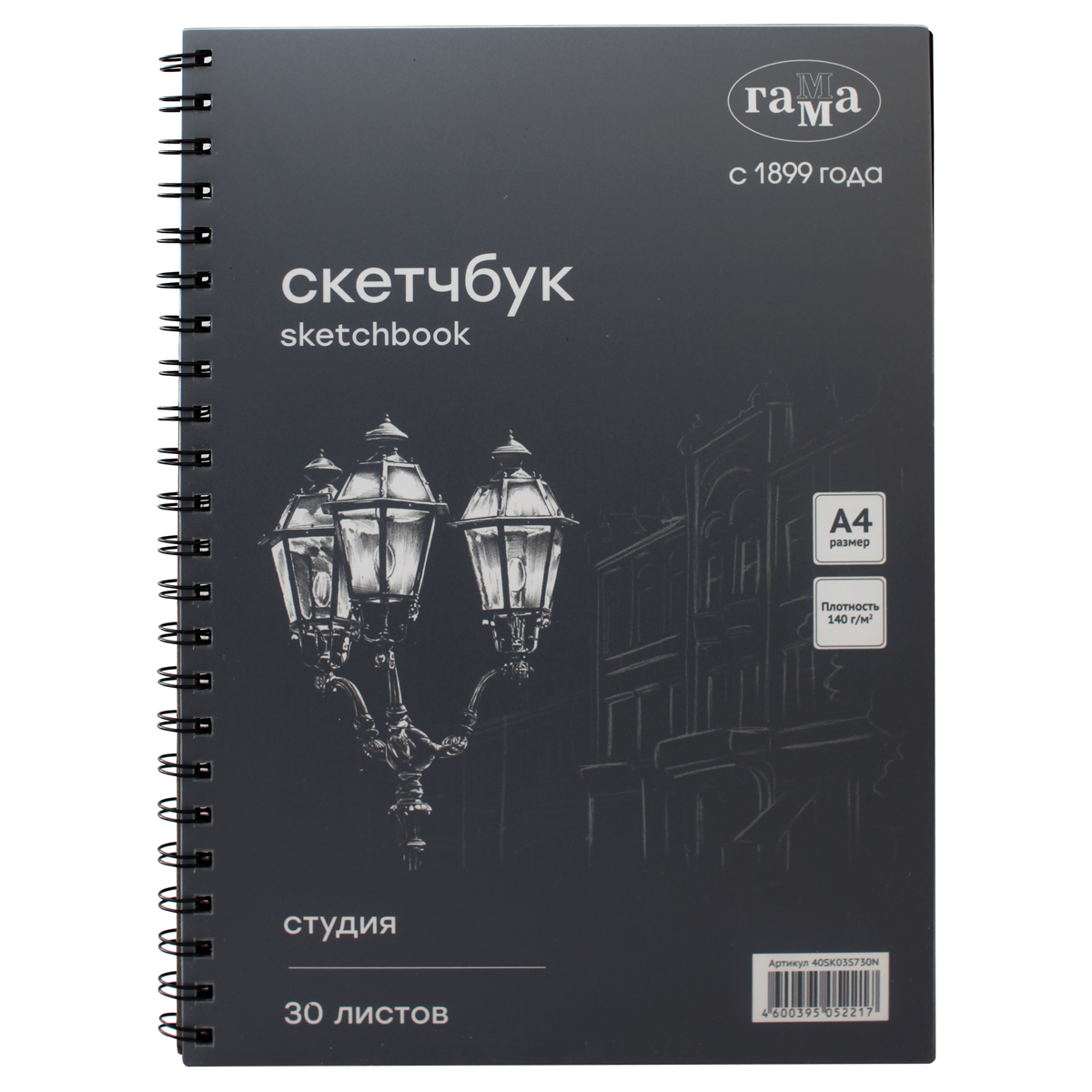 Альбом для графики, 30л., А4, на спирали Гамма "Студия", черный, 140г/м2