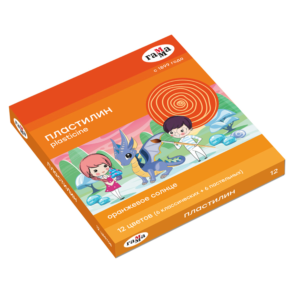 Пластилин Гамма "Оранжевое солнце", 12 цветов (6 классич., 6 пастельных), 168г, со стеком, картон. упаковка
