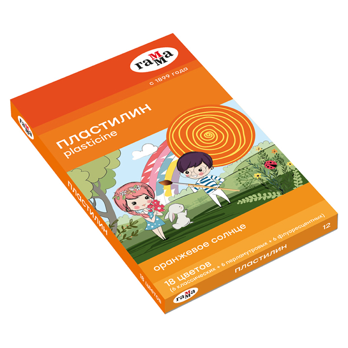 Пластилин Гамма "Оранжевое солнце", 18 цветов (6 классич., 6 флуор., 6 перл.), 234г, со стеком, картон. упаковка