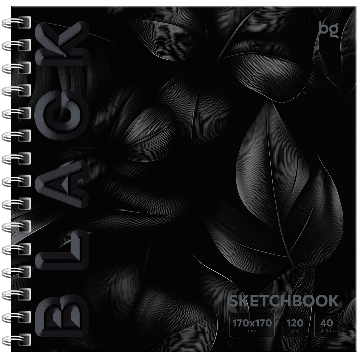 Скетчбук 40л., 170*170 BG "Black. Leaves", на гребне, soft tuch, выборочный лак, 120г/м2