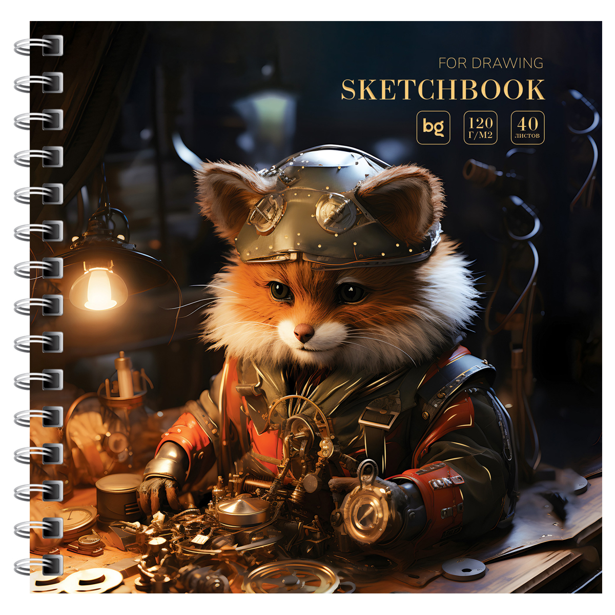 Скетчбук 40л., 170*170 BG "Steampunk. Fox", на гребне, глянцевая ламинация, фольга, 120г/м2