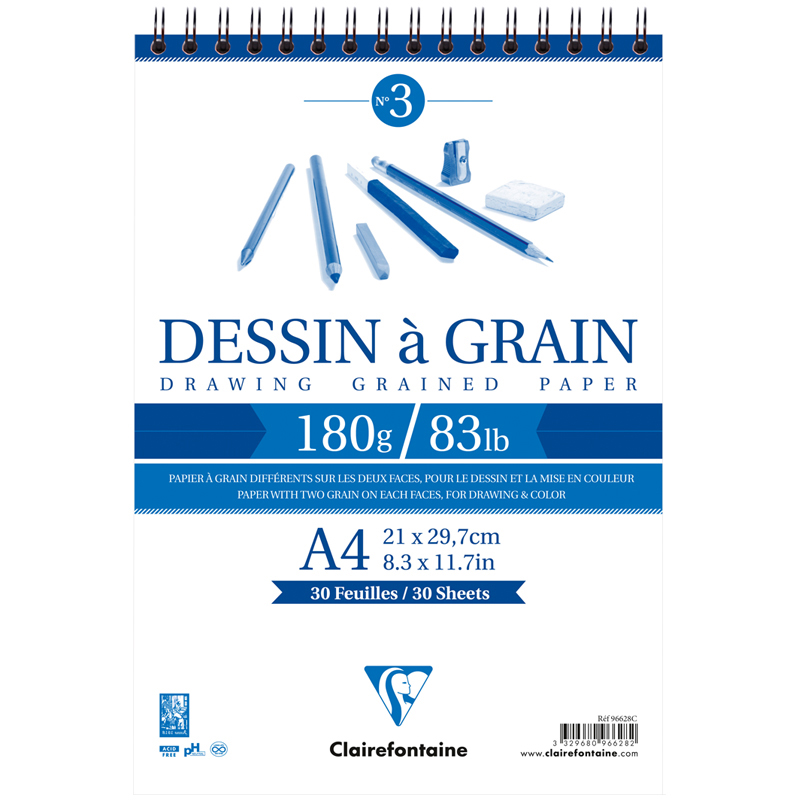 Скетчбук 30л., А4 Clairefontaine "Dessin a grain", на гребне, мелкозернистая, 180г/м2