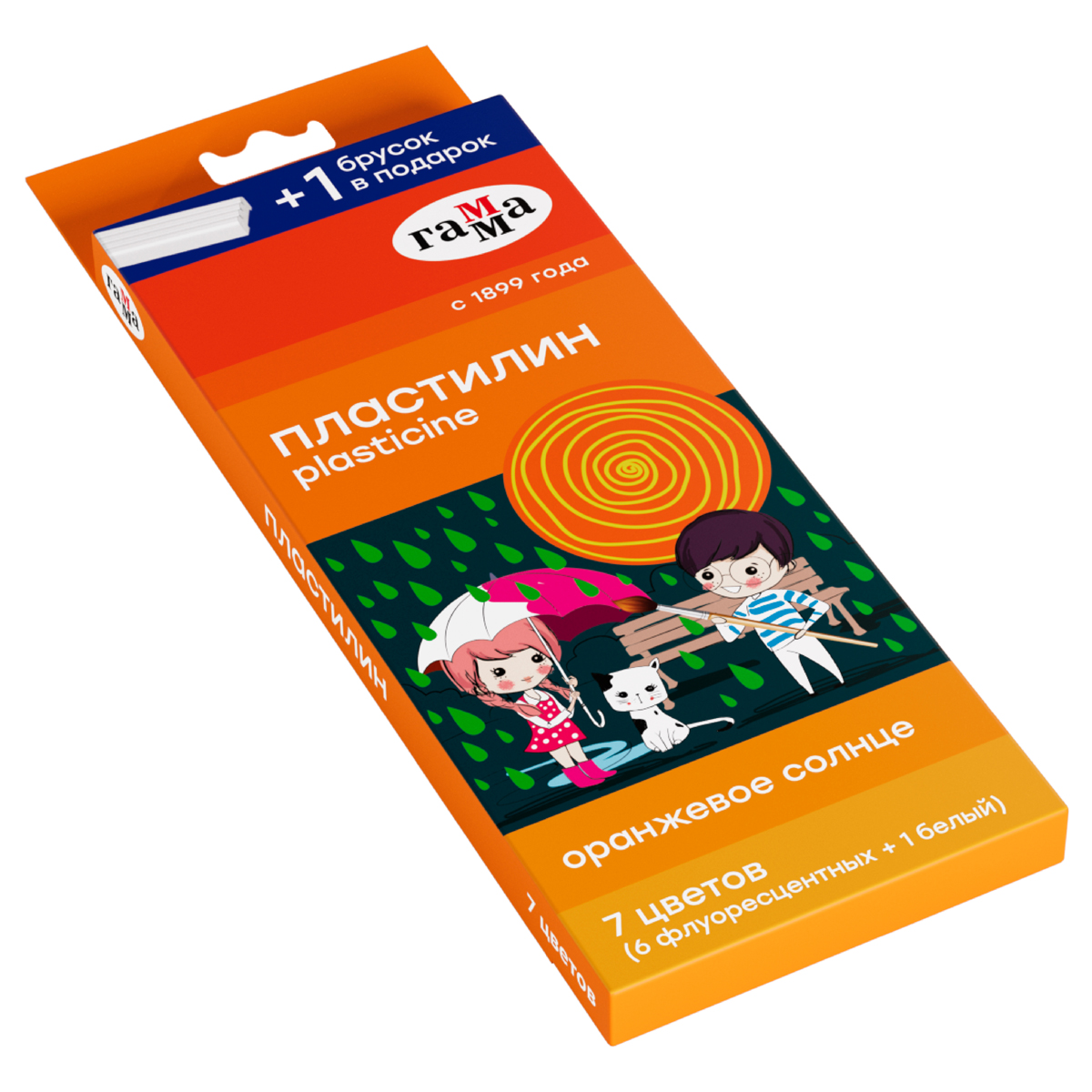 Пластилин Гамма "Оранжевое солнце", 7 цветов (6 флуор. + 1 белый), 93г, со стеком, картон. упаковка, европодвес