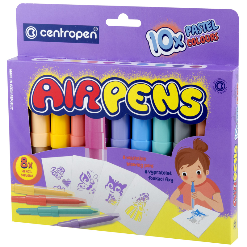 Фломастеры воздушные Centropen "AirPens Pastel", 10цв.+8 трафаретов, картон. упаковка, европодвес