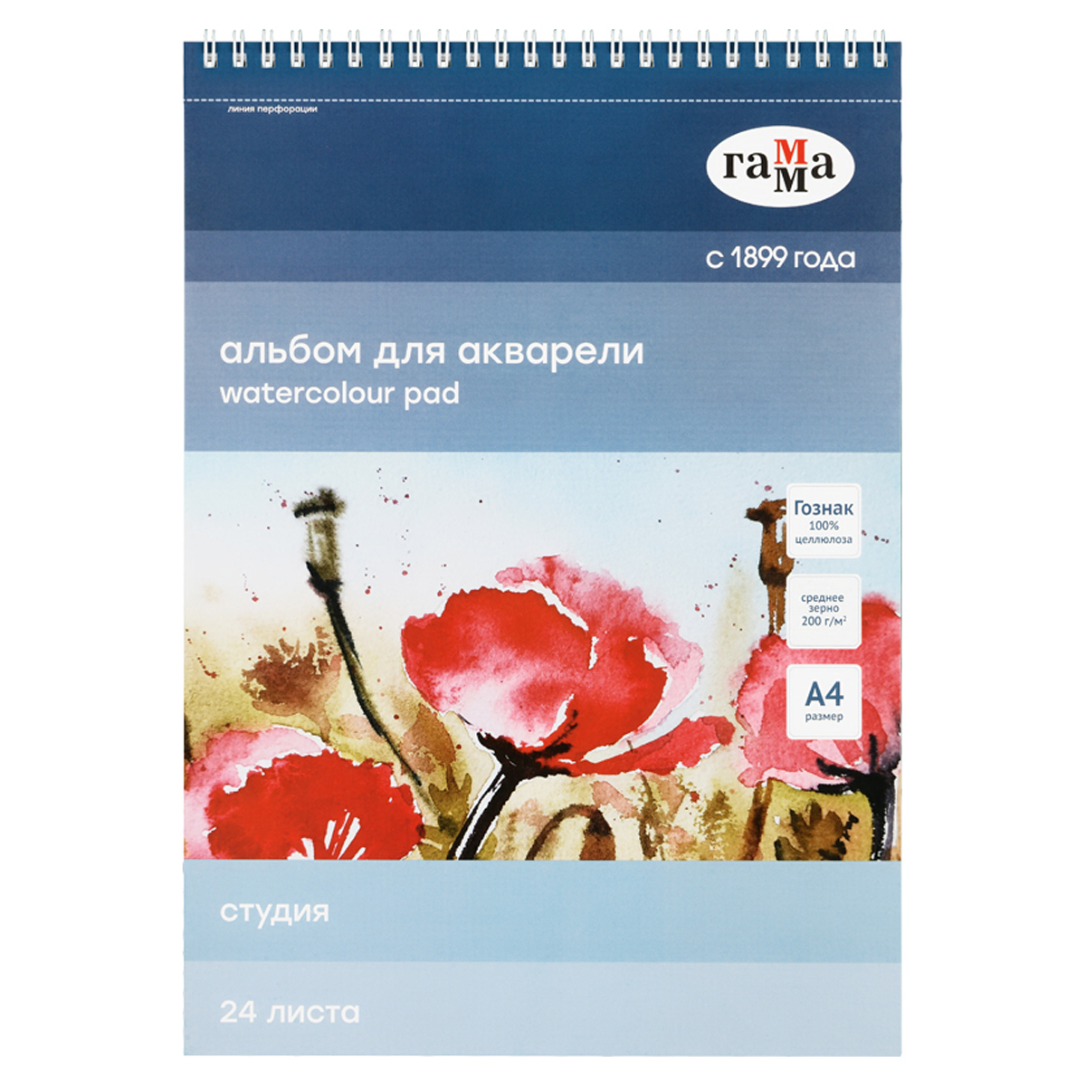 Альбом для акварели, 24л., А4, на спирали Гамма "Студия", 200г/м2, среднее зерно, перфорация на отрыв