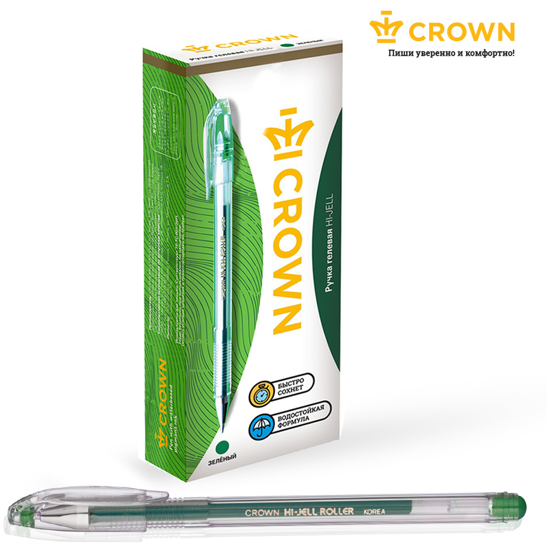 Ручка гелевая Crown "Hi-Jell" зеленая 0,5 мм, штрих-код